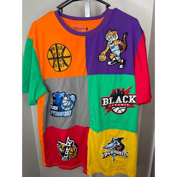 Black Pyramid XXL Patchwork Graphic Tee Multicolor Basketball Streetwear Shirt - Picture 8 of 8